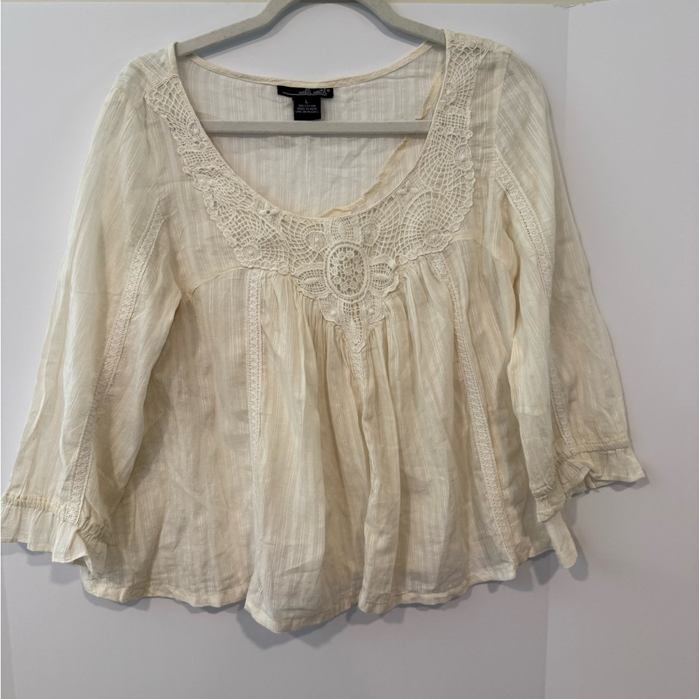 Willi Smith Cream Crochet-Trim Peasant Blouse